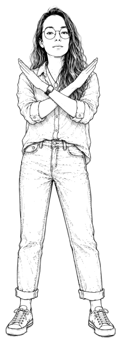 Hand-drawn illustration of Jasmin crossing her arms in an X