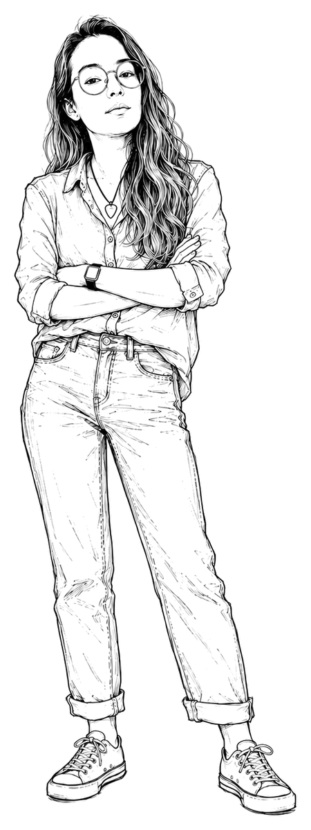 Hand-drawn illustration of Jasmin standing with her arms crossed