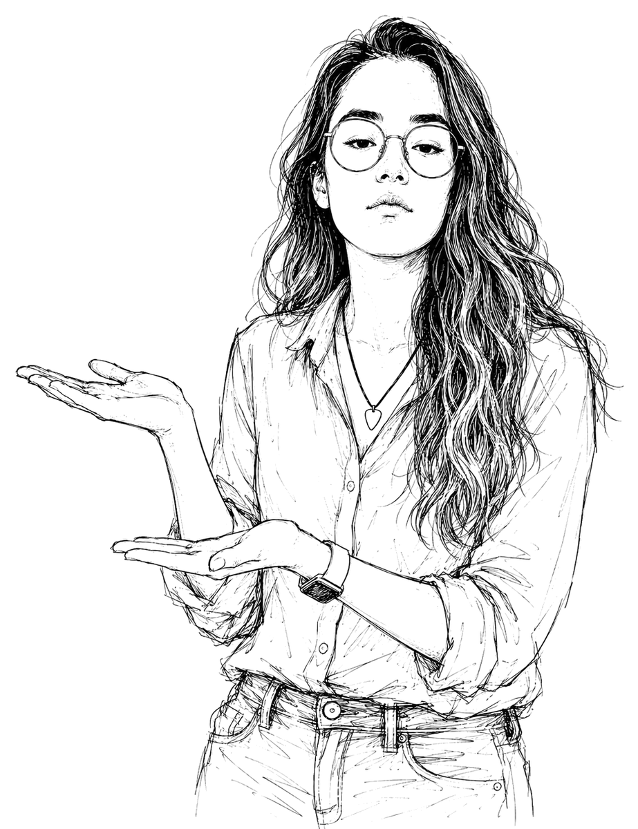 Hand-drawn illustration of Jasmin doing a deadpan ta-da with both palms out